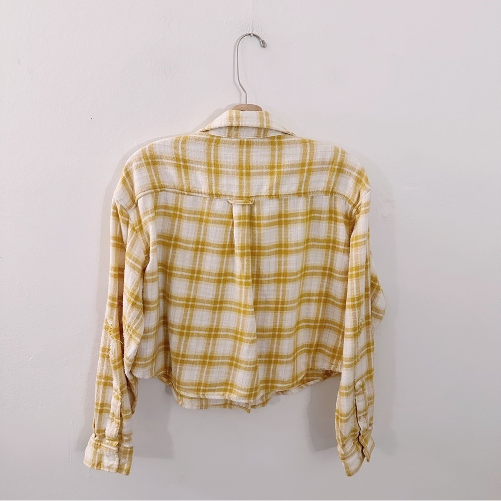 American Eagle Cropped Flannel Plaid Button Down Long Sleeve Cotton Yellow Cream - Picture 7 of 10